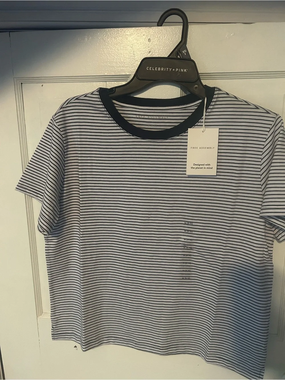 Free People Black and White Striped Ribbed Crew Tee